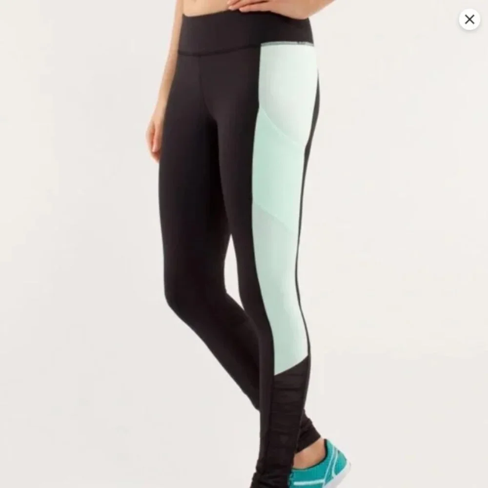 Lululemon Athletica Get Up And Glow Black and Mint Green Leggings Size 6